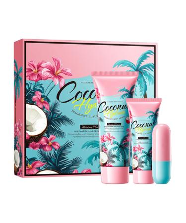 Grospe Coconut Gifts Set for Women Premium 3 Piece Gift Set with Lip Balm Hand Cream & Body Lotion Moisturize Gift Box for Women Relaxing Care for Her Anniversary or Birthday Present 4.7 Fl.Oz