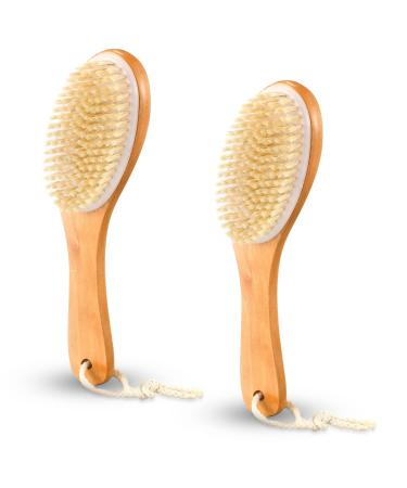 2 Pcs Dry Brushing Body Brush Natural Boar Bristle Body Brush Dry Skin Scrub Brushes with Contoured Wooden Dry Brushes for Back Legs Feet Exfoliates Dead Skin