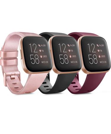 PACK 3 Soft Silicone Bands Compatible for Fitbit Versa 2 / Fitbit Versa/Fitbit Versa Lite Adjustable Sport Bands for Women Men Small Large(Without Tracker) (Small Rose Gold+Black+Wine Red) Small Rose Gold+Black+Wine Red