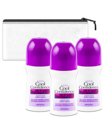 Avon Cool Confidence Roll-On Deodorant for Women Travel Pack - 3 Pack Avon Roll-On Anti-Perspirant Deodorant Travel Size 2.6 Oz Bundle with Bag | Travel Size Deodorant for Women