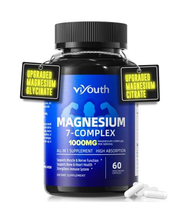 Magnesium 7 Complex Supplement Advanced with Glycinate Citrate Malate Chelate Taurate Orotate Aspartate, Capsules with Zinc, Vitamin D3 & B6 for Sleep, Muscle Relief, 60 Capsules 60 Count (Pack of 1)