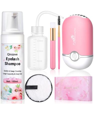 Qinzave 150ml Eyelash Extension Cleanser with USB Fan, Lash Shampoo for Extension with Makeup Remover Pad Rinse Bottle Mascara Brush Cleaning Brush,Paraben Sulfate Free Lash Shampoo for Salon Home Use Pink