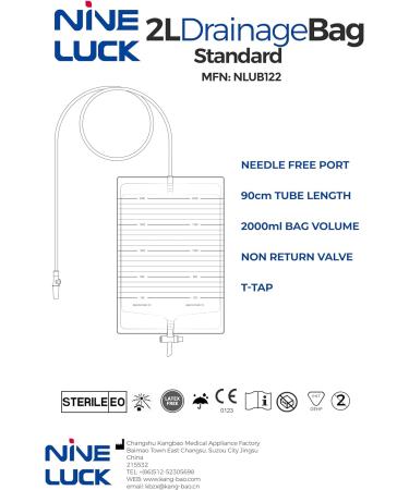 2000ml Sterile Urine Drainage Bag with T Tap Valve and 90cm Tube - Non-Latex Bedside Night Bag - 2L Capacity - Buy Online on GoSupps.com