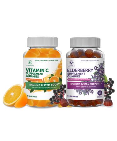 Lunakai Vitamin C and Elderberry Gummies Bundle for Adults and Kids - Organic VIT C Vegan Chewable Gummy Vitamins - Immune Support - Vegan Non-GMO No Corn Syrup Gelatin Free All Natura