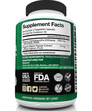 Nutrivein Organic Ashwagandha 1600mg with Black Pepper - 120 Vegan Pills for Stress Relief & Energy Boost - Buy Online on GoSupps.com