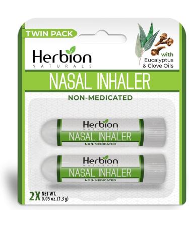 HERBION Naturals Nasal Inhaler Natural Relief for Nasal Congestion & Sinus Pressure Non-Medicated Sticks with Essential Oils Menthol Eucalyptus Clove Soothing Vapor Easy Breathing Pack of 2 2 Count (Pack of 1)