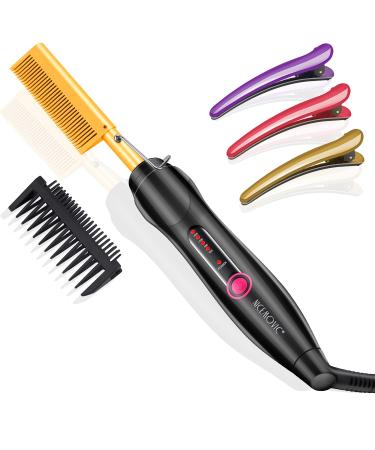 Hot Comb Electric Heating Comb, NICEMOVIC Ceramic Heat Pressing Comb Brush Hair Straightener Hot Comb, Curling Hair Straightening Comb for Natural Black Hair Beard Wigs(Gold)