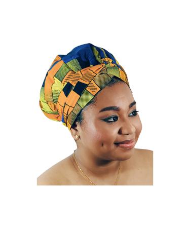 TREJAZ Satin Bonnet Silk Bonnet Sleep Bonnet Cap Hair Bonnet for Sleeping Ankara Silk Bonnet for Women Long Curly Hair (Blue/Yellow  Large)