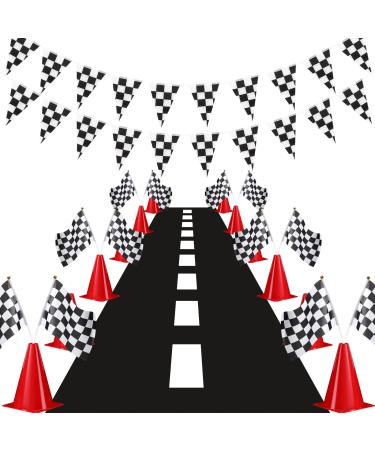 Skylety Traffic Cones and Racing Checkered Flags Set-Include 12 Plastic Traffic Cones, 12 Checkered Flags with Sticks, 31 Ft Checkered Pennant Banner and 9.8 X 2 Ft Racetrack Floor Running Mat