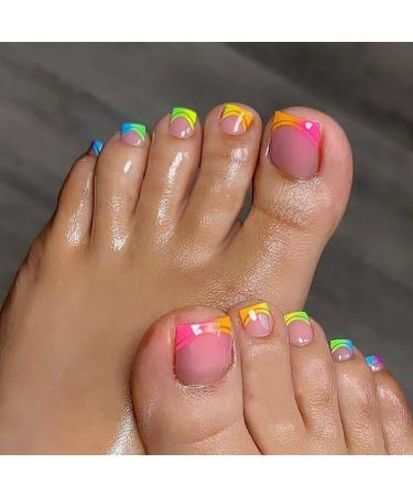 Rainbow Press on Toenails French Tip Fake Toenails Glossy Pink False Toe Nails with Colored French Designs Cute Rainbow Nail Tip Acrylic Toe Nails Artificial Glue on Toenails for Women