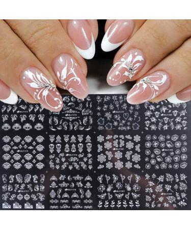 Flowers Nail Decals  3D Self-Adhesive White Floral Nail Art Stickers French Hollow Flower Leaf Nail Art Designs Manicure Tips Accessories DIY Nail Art Decoration for Acrylic Nails  12 Styles