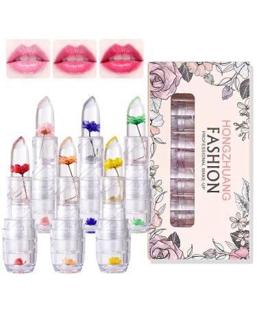 HONGZHUANG 6PCS Double Flower Jelly Discoloration Lipstick Gift Set Bright and Health Lip gloss Magical Mood Temperature PH Control Lip Balm and Long Lasting Lip Protection Makeup Kit