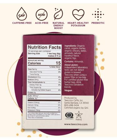 Teeccino Roasted Herbal Tea - Medium Roast Hazelnut, Caffeine Free, 10 Tea Bags (2.12 oz) - Buy Online on GoSupps.com