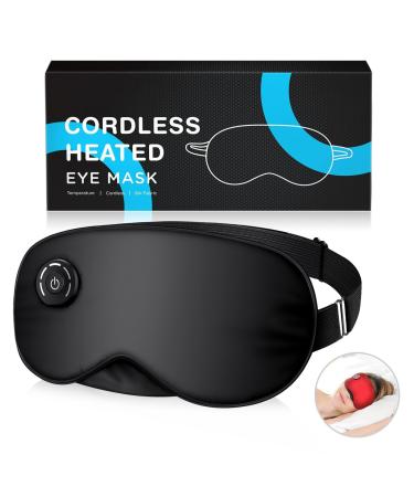 Heated Eye Mask for Dry Eyes - Cordless Electric USB Rechargeable Eyes Heating Pad - Heat Warm Eyes Compress Hot Therapy for Stye Sinus MGD Silk Sleep Mask Gifts for Men Women Black