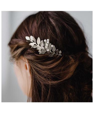 Dervivea Boho Leaves Hair Comb Pearl Bridal Wedding Hair Comb Silver Leaf Headpiece Comb Metal Leaf Branch Hair Combs Headpiece Decorative Hair Accessories for Women and Girls Headdress (Silver)