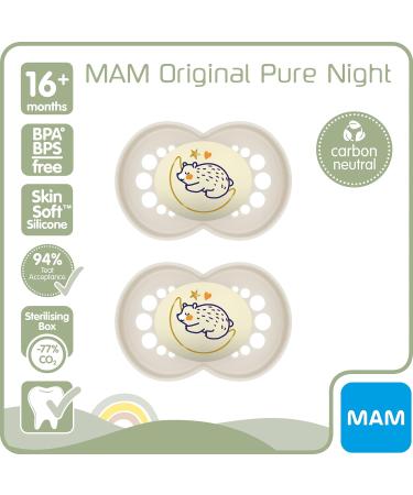 MAM Original Pure Night Soother 16+ Months (Set of 2) - Bio-Renewable Silicone Teat, Glow in the Dark, SkinSoft, Sustainable - Cream - Buy Online on GoSupps.com