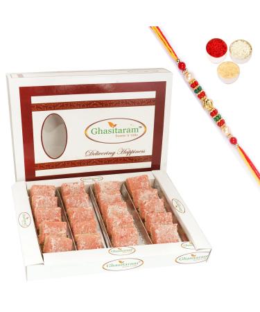 Ghasitaram Gifts Rakhi Gifts for Brothers Sugarfree Mawa Coconut Barfi 400 GMS with Beads Rakhi