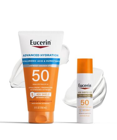 Eucerin Sun Advanced Hydration SPF 50 Sunscreen Lotion (5 Fl Oz) + Age Defense Face Sunscreen Lotion SPF 50 (2.5 Fl Oz) Hypoallergenic and Lightweight Sun Protection with Hyaluronic Acid