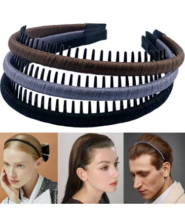 LAPOHI 3 PCS Headbands for Women Fashion Hair Band Non Slip with Teeth for Curly Hair  Comfortable Hair Hoop for Adult  3 Colors BLACK&SILVER&BROWN