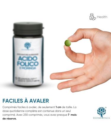 Folic Acid 400 mcg | 230 Vegan Tablets with Unique Organic Moringa | Pregnancy & Vitality Support | Natural Vitamin B9 | 100% Vegan Pregnancy Supplement | Made in Italy | RedMoringa - Buy Online on GoSupps.com