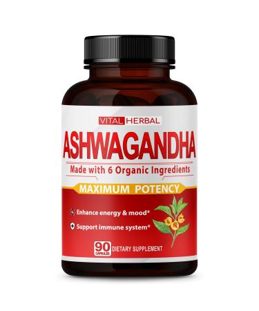 Organic Ashwagandha Capsules Equivalent to 7050mg - Maximum Potency with L-Theanine Turmeric Rhodiola St. John's Wort Increase Strength Focus Mood Sleep Support - 90 Days Supply 90 Count (Pack of 1)