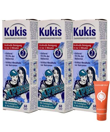 Kukident Kukis Braces Cleaner 3x 60 St. I cleaning tablets for braces I Fast cleaning I Eucalyptus & Menthol-Frische I Spar-Set Plus Pharma Perle Give-Away 3x Kukident Kukis Tooth Castle