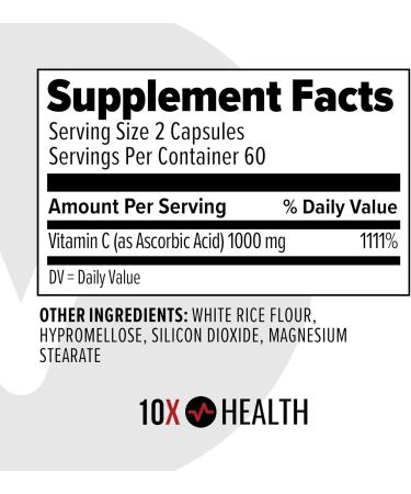 10X Health Vitamin C 1000mg - 120 Capsules Vitamin C High Dose Ascorbic Acid for Immunity Antioxidant Protection Collagen & Tissue Support for Adults - VitaminC 1000 mg - Non-GMO Gluten-Free - Buy Online on GoSupps.com