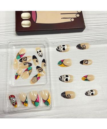 Halloween Press on Nails - Short Almond French Tip Skull & Ghost Designs | 24Pcs Full Cover Acrylic Artificial Nails for Women - Nightmare Before Christmas - Buy Online on GoSupps.com