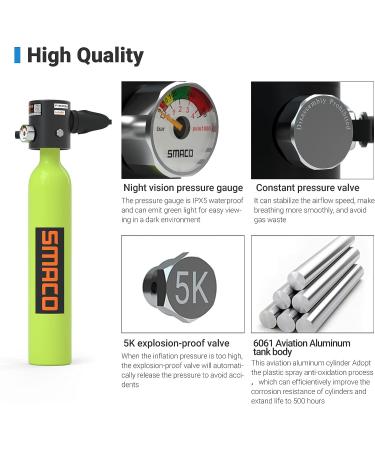 SMACO S300+ Portable Mini Dive Cylinder | 5-12 Minutes Capacity | Corrosion Resistant | Constant Pressure Valve | Refillable Pony Bottle - B-green - Buy Online on GoSupps.com