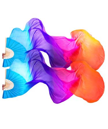 Jetec (Left + Right) Women Belly Dance Fan Veil Long Silk Fan Blue, Purple, Orange