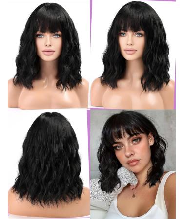 WOKESTAR Black Bob Wig with Neat Fringe - Curly Wavy Synthetic Wig for Women - Buy Online on GoSupps.com