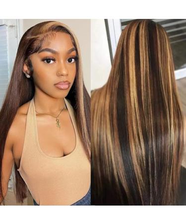 ISEE 10A Highlight Transparent Lace Front Wig Human Hair Pre Plucked 150% Density Straight Human Hair Wigs for Black Women Colored Wigs(30, 4/27highlight) 30 Inch (Pack of 1) 4/27 Ombre