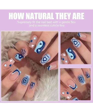 24Pcs Short Square Blue Heart Flame Glossy Press on Nails - Reusable False Nails for Women and Girls - Buy Online on GoSupps.com