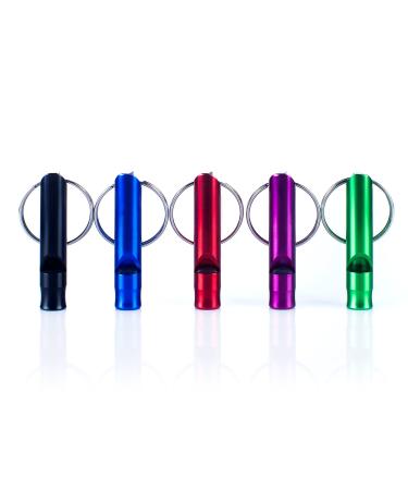 HWYDTGS 5pcs Hiking Camping Survival Aluminum Whistle with Key Chain Emergency Whistles of Multiple Colors Black/Blue/Red/Purple/Green