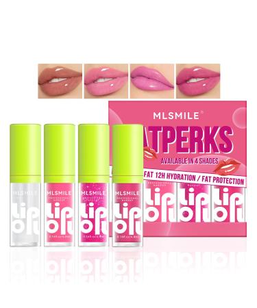 4 Colors Fat Lip Oil Set Big Brush Head Hydrating Lip Glow Oil Lip Plumper Gloss Shiny Transparent Lip Gloss Tinted Plumping Lip Oils Non-sticky Long Lasting Fresh Clear Smooth Lip Care - A SET A