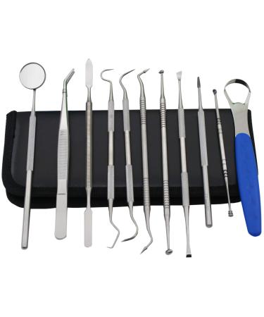 Professional Dental Oral Hygiene Tool Kit (Set of 11) Stainless Steel Scaler + Mouth Mirror + Toothpick + Tweezer + Calculus Remover + Earpick + Tarter/Plaque/Tongue Scraper Instruments