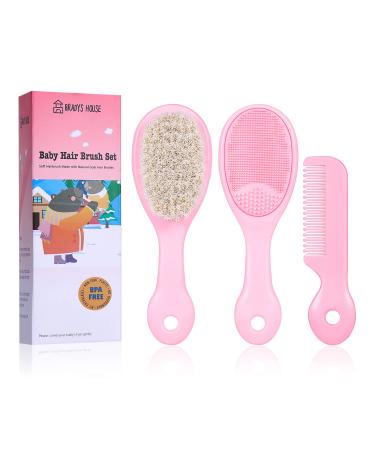 BRADYS HOUSE - 3 Piece Baby Hair Brush and Comb Set for Newborns and Toddlers (Pink)