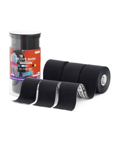 OK TAPE Basic Kinesiology Tape (3 Pack) Original Cotton Athletic Tape for Support Muscle Joint Knee Sports Waterproof Tape Uncut Strips Latex Free Hypoallergenic Pain Relief 2in 16.4ft - Black 3 Rolls Black