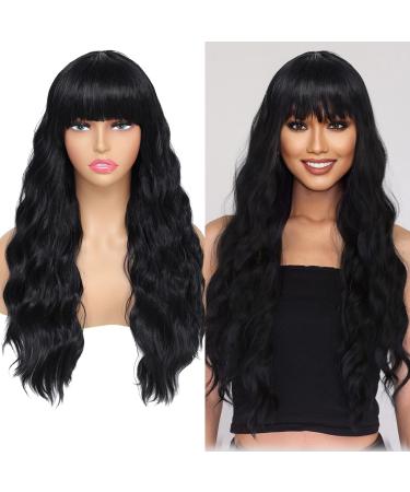LuxeMelan Black Long Wavy Wig with Bangs Ocean Wavy Glueless Synthetic Bang wig Full Machine Wig with Bangs Cosplay Party Bang Wig for Women Beginner Friendly No Glue