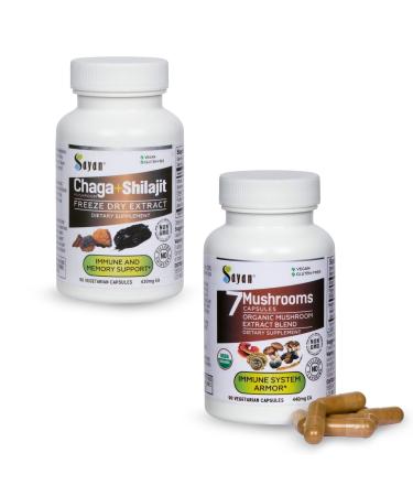 Sayan Mushroom Power Immune Boost Bundle - Chaga with Shilajit & 7 Mushroom Extract Capsules - Mushroom Supplement for Immune Support Energy and Antioxidant Defense (90 Capsules Each)