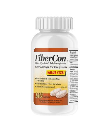FiberCon Fiber Therapy Coated Caplets, Safe, Simple & Comfortable Insoluble Fiber for Bowel Irregularity, Comfortable Constipation Relief with No Gas or Bloating, 140 Caplets 140 Count (Pack of 1)