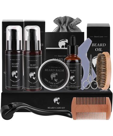 Beard Grooming Kit 10 in 1 Beard Growth Kit with Beard Oil Beard Balm Beard Conditioner Beard Shampoo Beard Roller Beard Comb Beard Brush Scissor Storage Bag Best Gifts for Man
