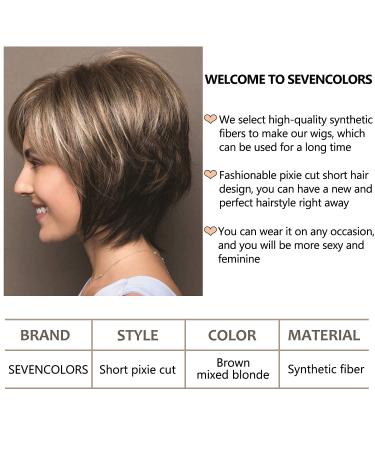 SEVENCOLORS Short Hair Wig with Bangs - Dark Brown Mixed Blonde Pixie Cut for Women | Synthetic Straight Fiber Wig - Buy Online on GoSupps.com