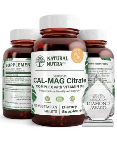 Natural Nutra Cal-Mag Citrate with Vitamin D3,1000/500 mg Complex, Strengthen Bone Density, Muscle and Nerve Health, Help Maintain Healthy Teeth, Highly Bioavailable Sources, 100 Vegan Tablets 100 Count (Pack of 1)