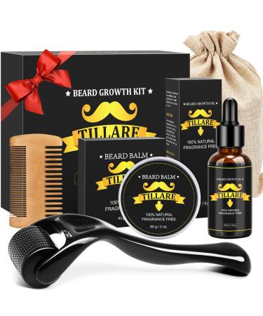 Beard Growth Kit - Derma Roller for Beard Growth - Beard Kit with Beard Growth Oil, Beard Roller, Beard Balm, Beard Comb, Razor & Brush Stands - Fathers Gifts, Birthday for Men Husband Dad Boyfriend