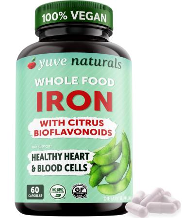 Yuve 100% Vegan Whole Food Chelated Iron Supplement 18mg Tasteless Non-Constipating Gentle on Stomach Energy Support Gluten-Free Non-GMO 60 Capsules