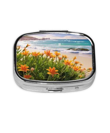 Flowers at The Beach Printing 2 Compartment Small Pill Case Cute Small Pill Box Purse Pill Boxs Travel Pill Organizer for Pocket Purse and Travel Gifts
