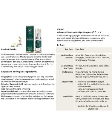 VipBio Organic Restorative Eye Gel for Dark Circles and Puffiness - 0.5 fl. oz - Buy Online on GoSupps.com