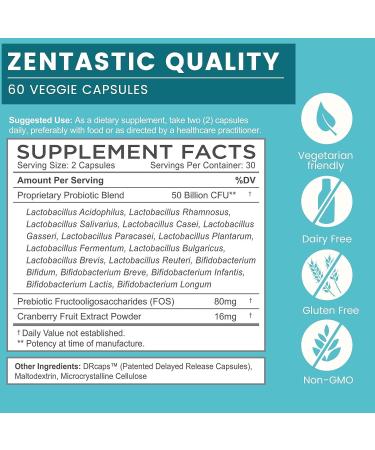 Zentastic Probiotics & Prebiotics Supplement - 50 Billion CFU - 16 Strains - 120 Delayed Release Veggie Capsules - Immune & Digestive Support for Men & Women - 2 Pack - Buy Online on GoSupps.com
