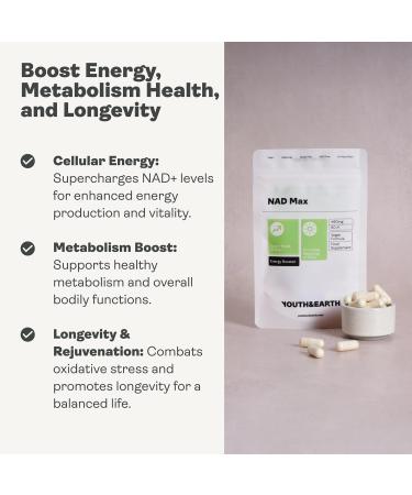 Youth & Earth NAD Max 460mg Capsules - NAD Supplements Boosts Energy Powerful Anti-Aging and Revitalizing Formula for Cell Health - Gluten Free - 60 Capsules Nad Booster - Buy Online on GoSupps.com